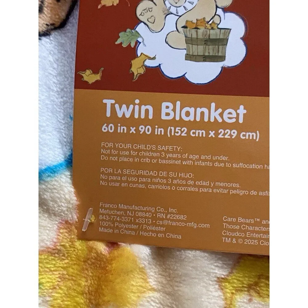 Care Bears Autumn Fall Leaves‎ 60 X 90” TWIN Sz Throw Blanket Yellow NEW